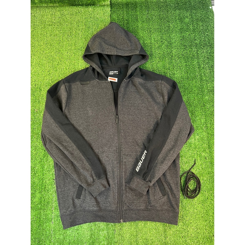 Bauer Mens Full Zip Hoodie Gray Black Athletic Hockey Sweatshirt Size Large